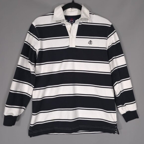 Brooks Brothers Fleece Rugby Soft Polo Shirt LS Striped MEDIUM Black White - Picture 2 of 10